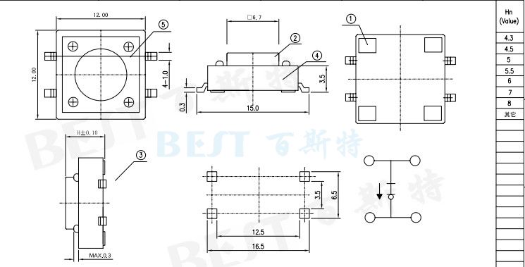 輕觸開關TS-1103W參考圖紙 輕觸開關TS-1103W參考圖紙